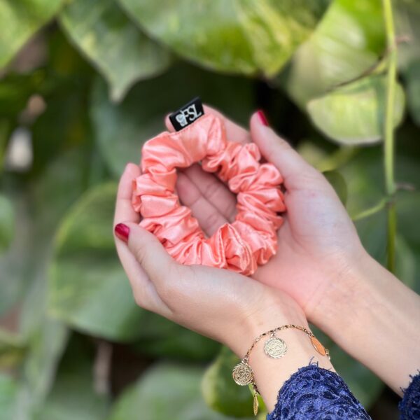 Peach silk scrunchie by FSL&CO, alternate view