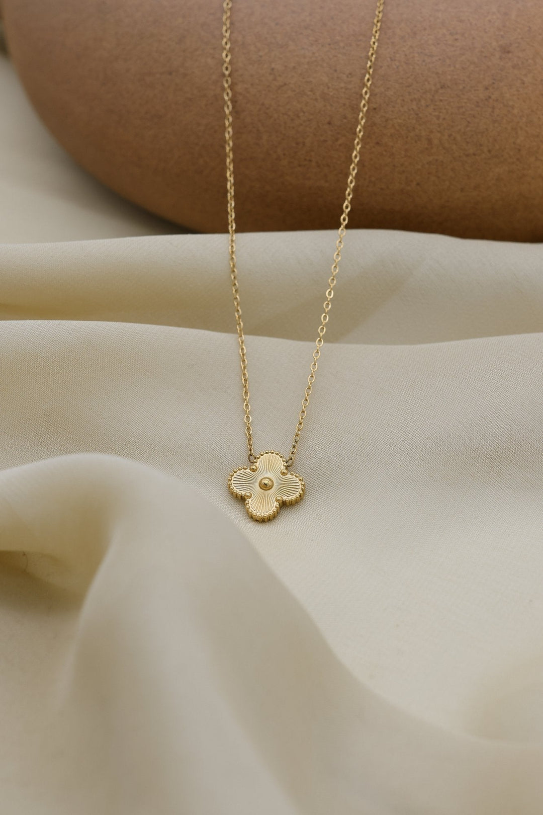 Golden Clover Necklace by FSL&CO, brushed gold clover pendant, alternate view