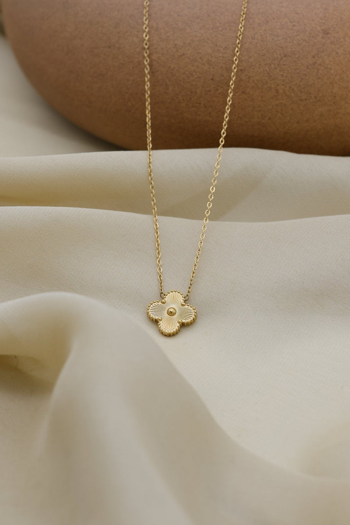 Golden Clover Necklace by FSL&CO, brushed gold clover pendant, alternate view