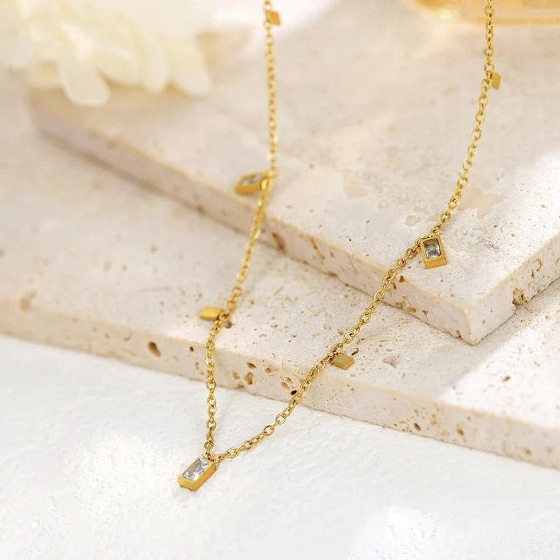 Mini Charm-drop Necklace by FSL&CO, close-up of the geometric charms